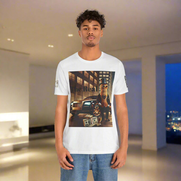 Man modeling Luxury Tee white t-shirt with urban-themed graphic of a peanut mascot, luxury car, and cash, ideal for streetwear enthusiasts.