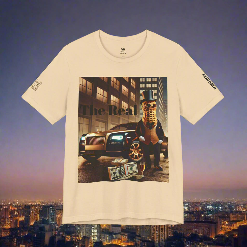 Luxury Tee in off-white with high-end graphic print of a peanut mascot, luxury car, and cash, ideal for casual and semi-formal urban fashion.
