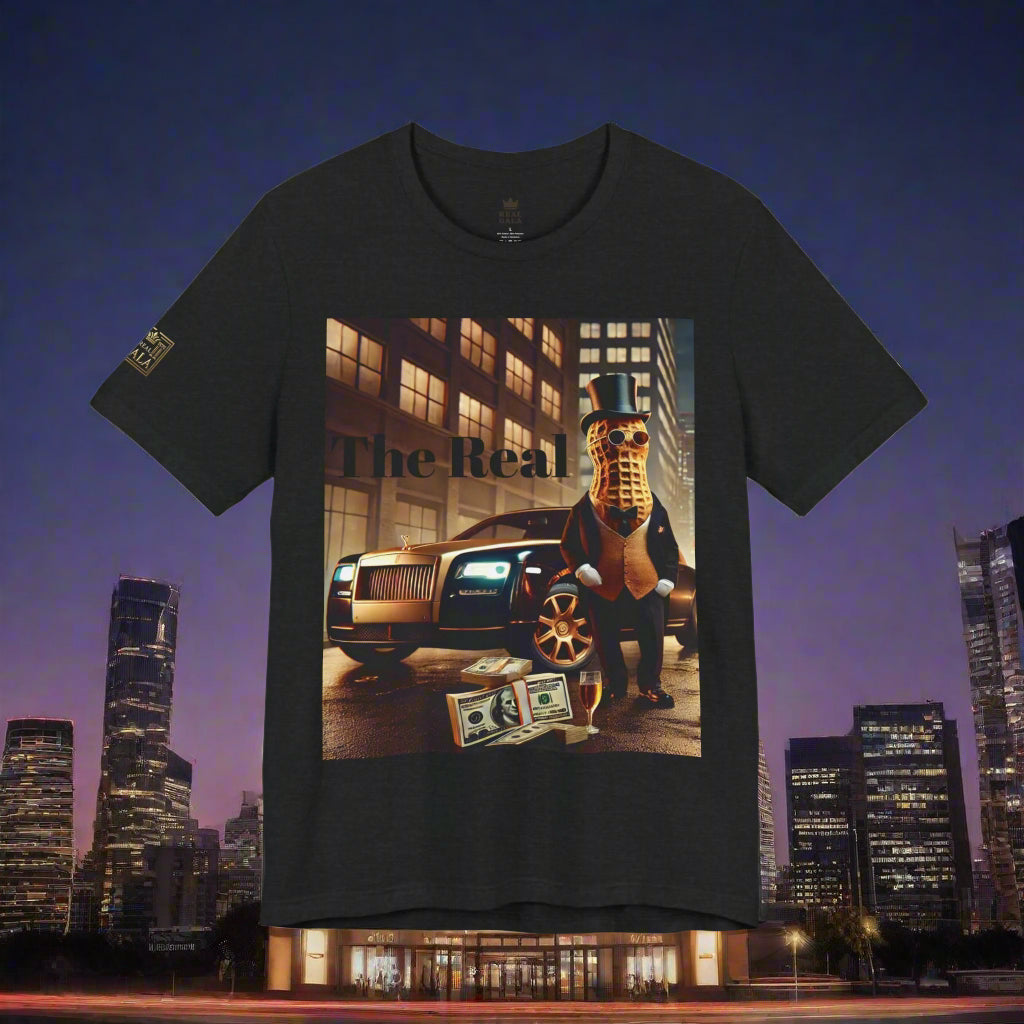 Luxury Tee black t-shirt with bold urban streetwear design showing a suited peanut figure, luxury car, and money stack in a night city setting.