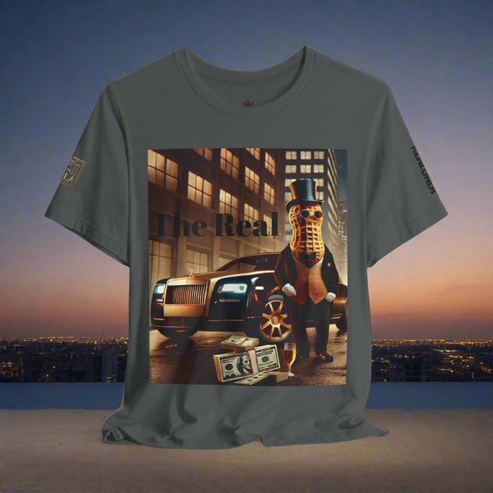 Luxury Tee in dark olive green featuring a bold graphic of a peanut character in front of a luxury car and money, suited for urban fashion lovers.