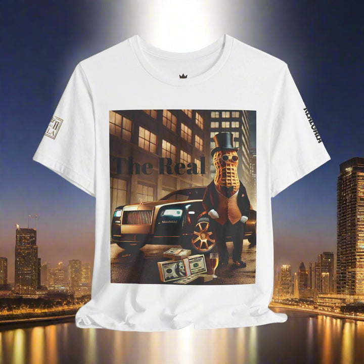Luxury Tee white t-shirt featuring a graphic of a peanut character in a suit beside a Rolls-Royce and cash, set against a cityscape backdrop.