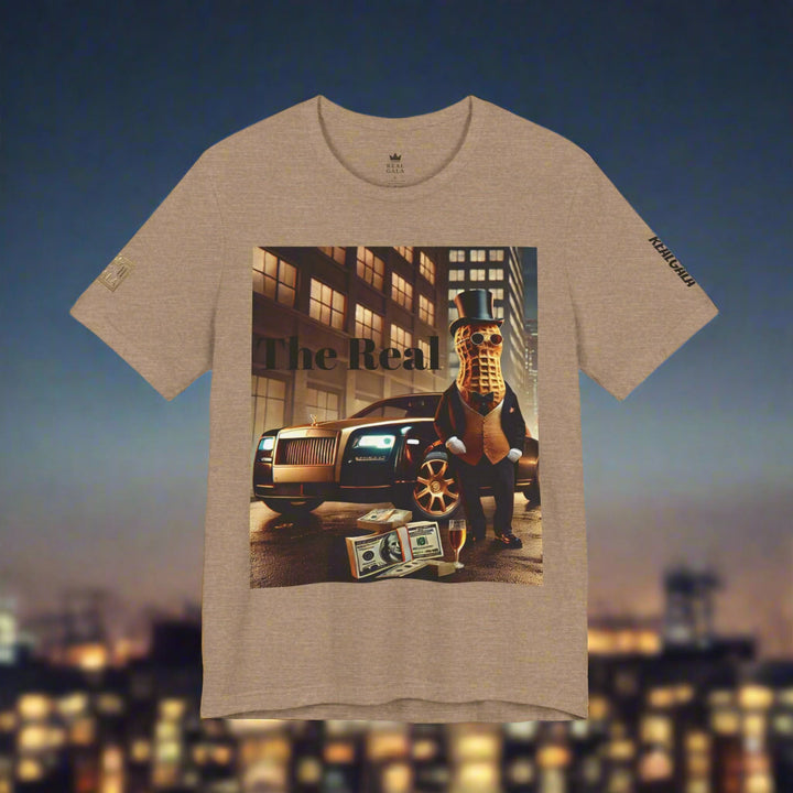 Luxury Tee in heather grey showcasing a stylish streetwear design with a peanut character, Rolls-Royce, and dollar bills in a city night scene.
