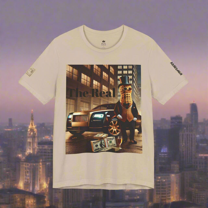 Luxury Tee cream-colored shirt with a luxury lifestyle graphic of a peanut in a tuxedo, luxury car, and cash, perfect for trendy casual wear.