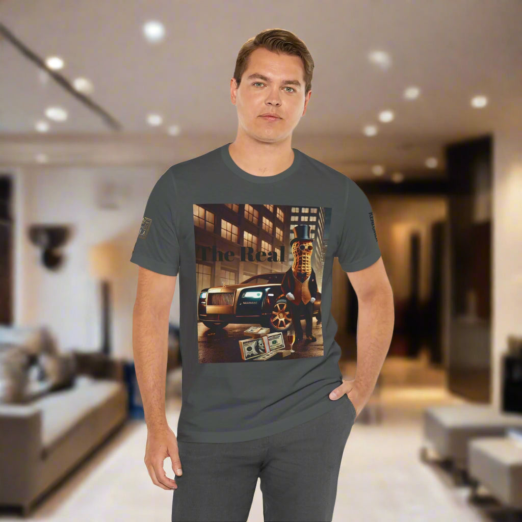 Man in Luxury Tee dark green shirt with a stylish graphic of a peanut character, luxury car, and cash, perfect for upscale streetwear looks.