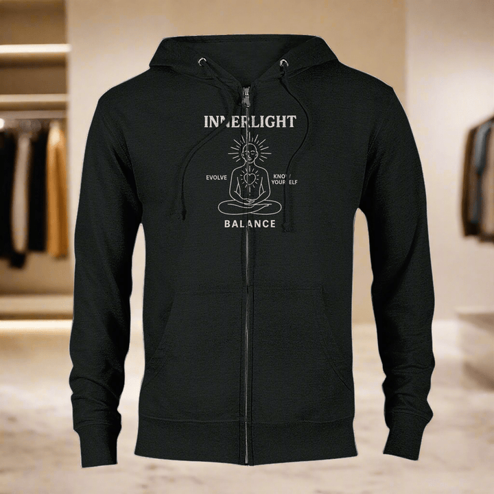 Enlightened Hoodie - Selfmade EraHoodieSelfmade EraBlack Enlightened Hoodie featuring 'Innerlight Balance' design, ideal for casual wear with sustainable materials and a modern zip - up fit.