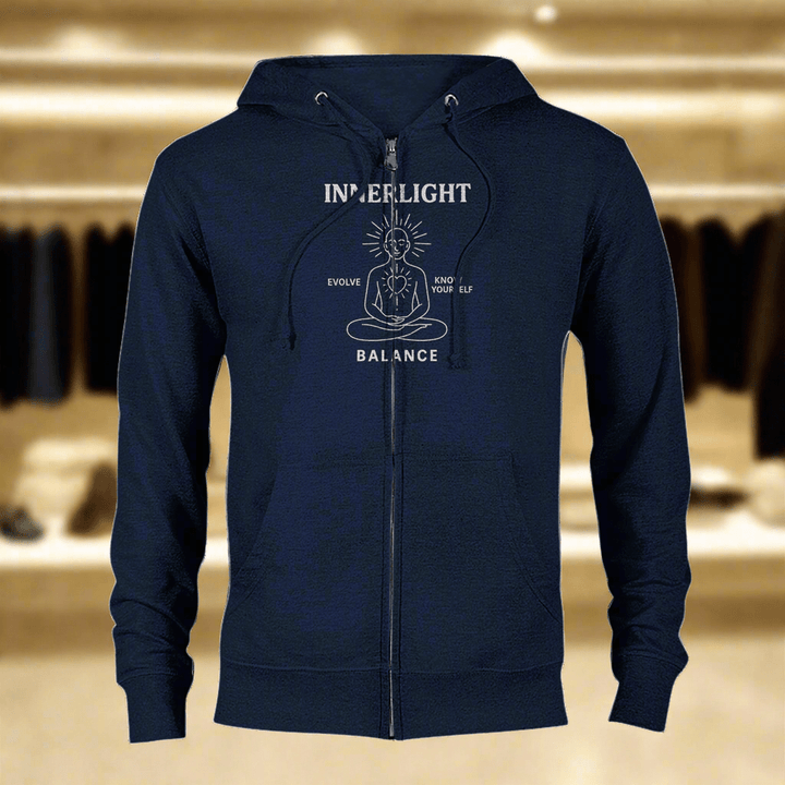 Enlightened Hoodie - Selfmade EraHoodieSelfmade EraNavy blue Enlightened Hoodie with zip front and inspirational 'Evolve Know Yourself' graphic, perfect for stylish, ethical streetwear.