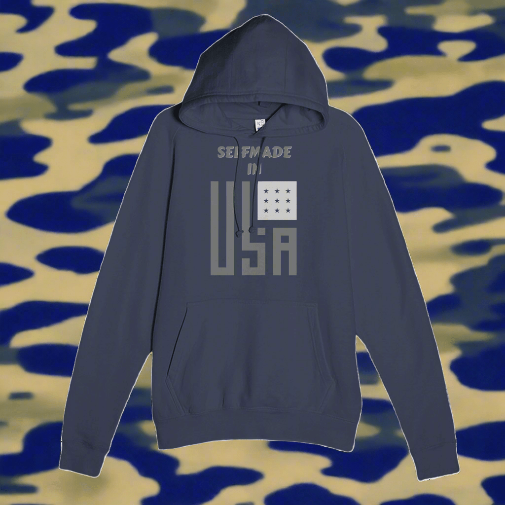 Premium Hoodie - Selfmade EraHoodieSelfmade EraNavy Premium Hoodie featuring bold 'Selfmade in USA' print, kangaroo pocket, and soft cotton blend. Stylish and durable for everyday wear.
