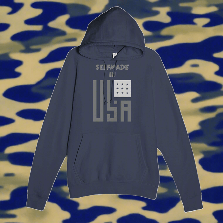 Premium Hoodie - Selfmade EraHoodieSelfmade EraNavy Premium Hoodie featuring bold 'Selfmade in USA' print, kangaroo pocket, and soft cotton blend. Stylish and durable for everyday wear.