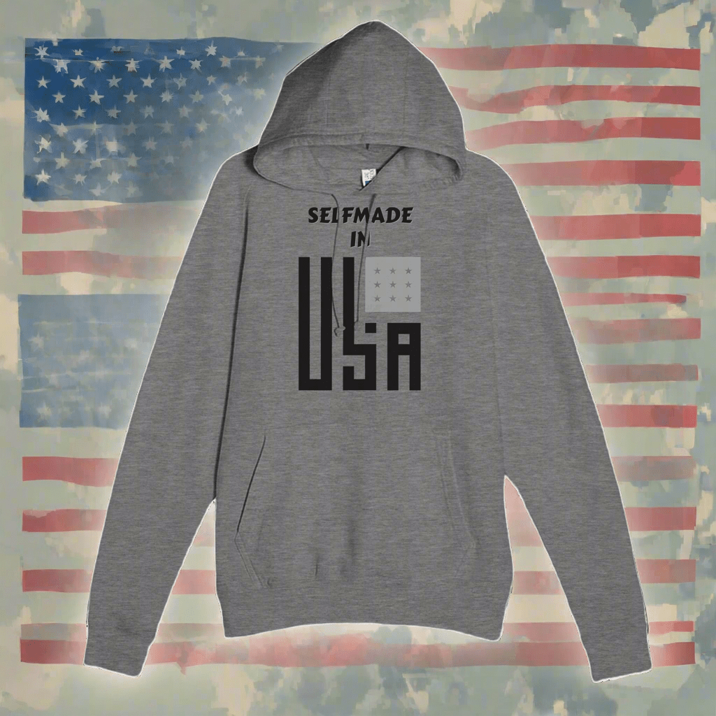 Premium Hoodie - Selfmade EraHoodieSelfmade EraPremium Hoodie in heather gray with 'Selfmade in USA' graphic, front pouch pocket, and drawstring hood. Ideal for patriotic casual wear.